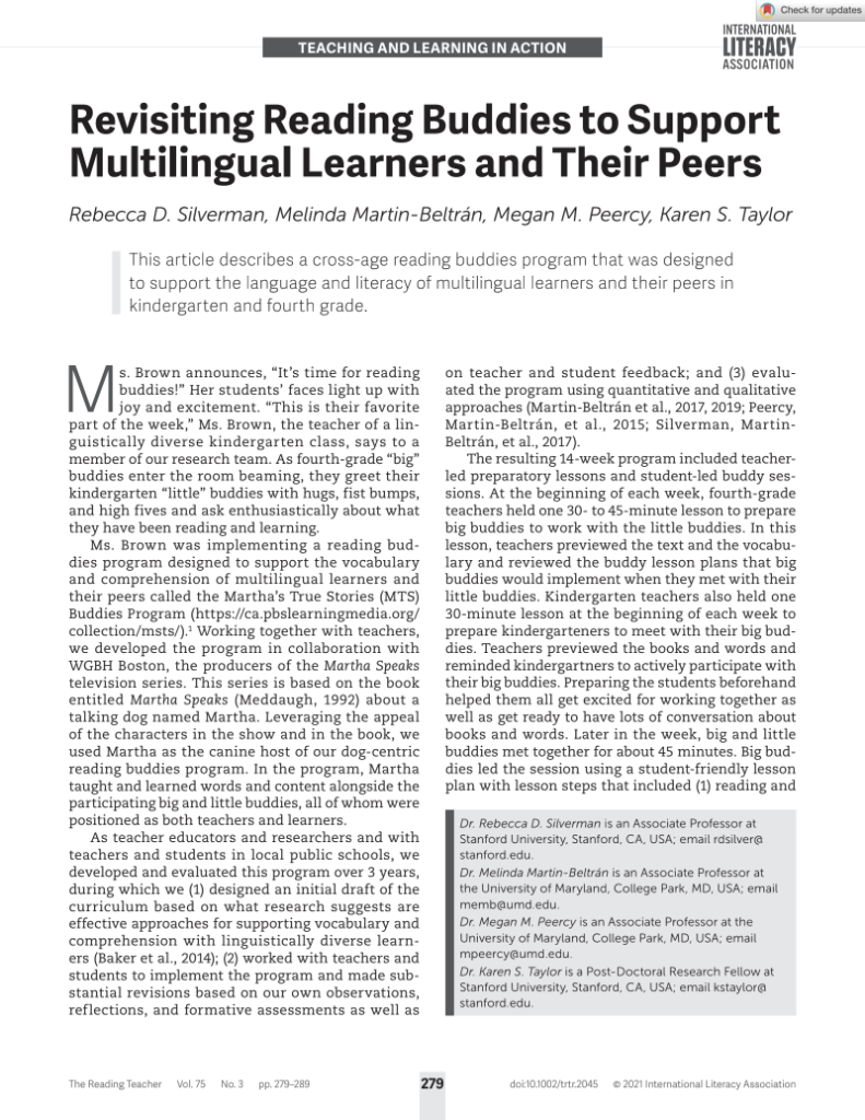 Revisiting Reading Buddies to Support Multilingual Learners and Their Peers by Rebecca Silverman et al.