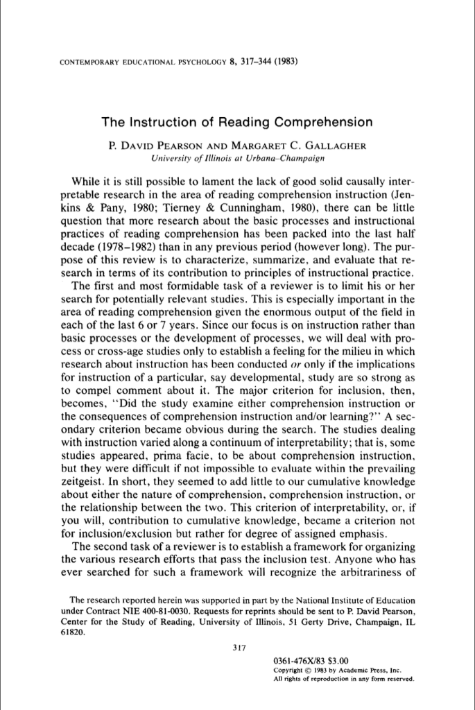 The Instruction of Reading Comprehension by P. David Pearson and Margaret C. Gallagher